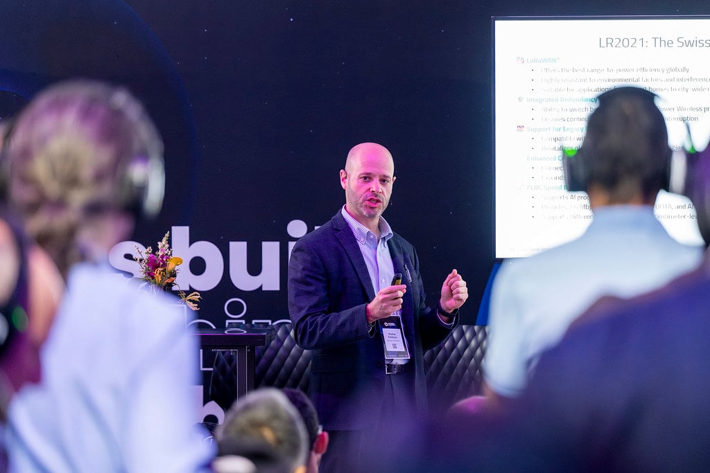 Shahar Feldman, Head of Product Marketing for Semtech Wireless Products, presenting LoRa Plus as the Swiss Army knife of IoT for edge AI applications