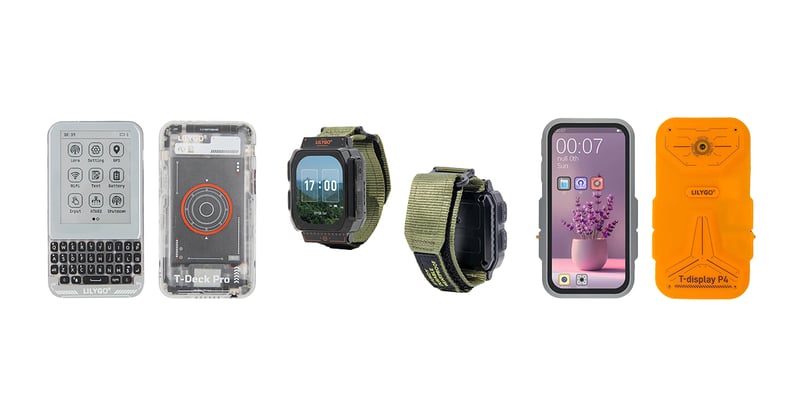 LILYGO LoRa development platforms displayed at CES 2026 including T-Deck Pro handheld messenger, T Watch Ultra smartwatch, and T-Display 4 featuring Semtech SX1262, LR1121, and LR2021 chips for IoT and edge AI prototyping
