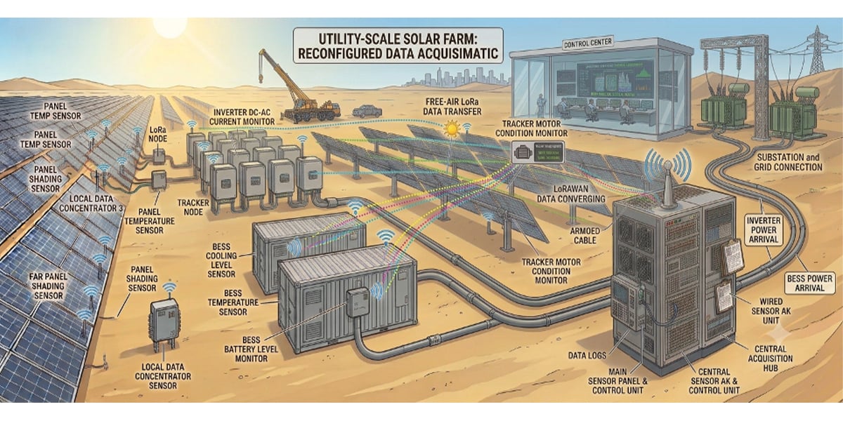 LoRa solar farm monitoring network with wireless sensor nodes and gateway connectivity