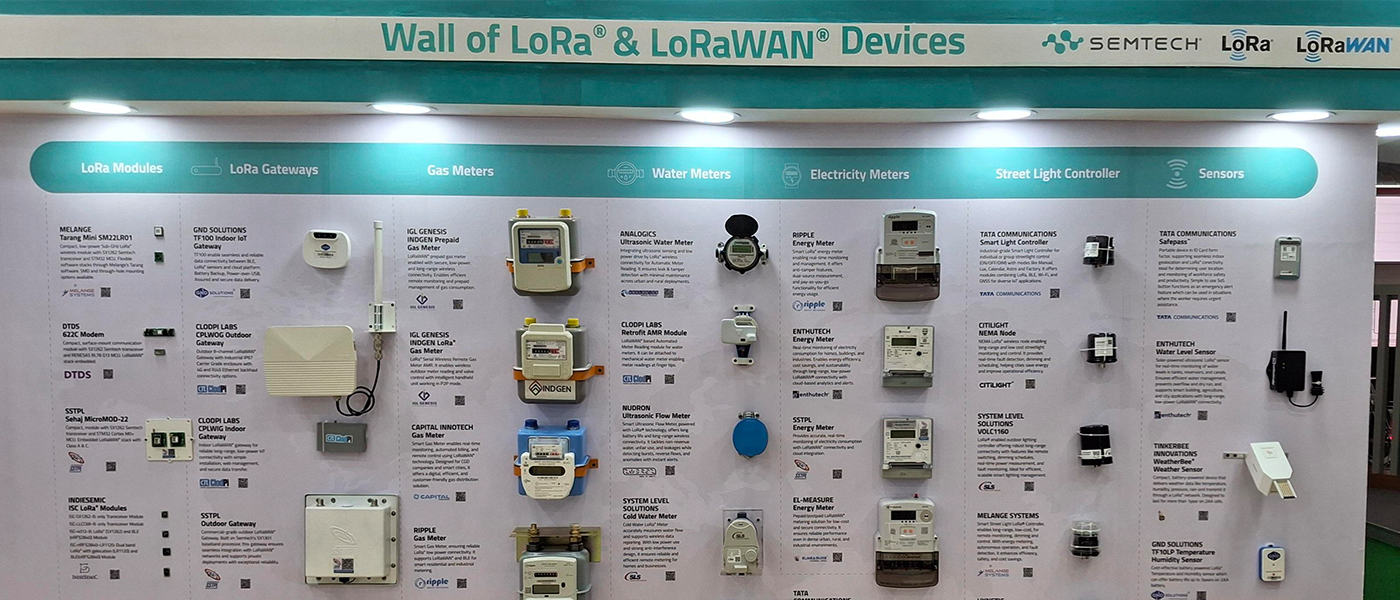 Comprehensive display wall showcasing 40 LoRa and LoRaWAN devices from 20 Indian manufacturers at Semtech Electronica India 2025 booth, featuring end node modules, gateways, smart meters (gas, water, electric), street light controllers, and sensors from partners including IndieSemiC, CloudPi Labs, Melange Systems, Ripple Metering, Tata Communications, and others