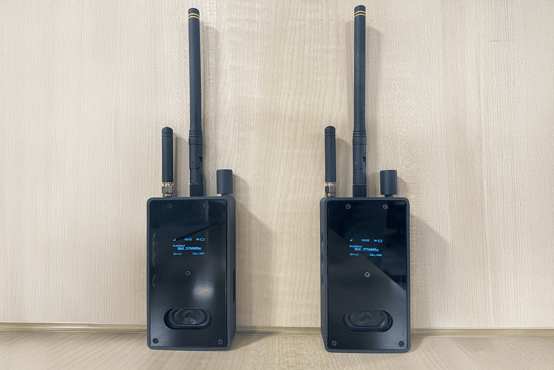 Semtech LoRa-enabled walkie-talkie devices featuring Murata 2GT module with LR1121 chip, showing both sub-GHz model with large antenna and 2.4 GHz model with compact antenna, demonstrating real-time voice communication capabilities at Electronica India 2025