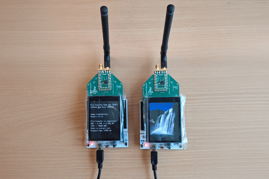 Semtech LoRa-enabled walkie-talkie devices featuring Murata 2GT module with LR1121 chip, showing both sub-GHz model with large antenna and 2.4 GHz model with compact antenna, demonstrating real-time voice communication capabilities at Electronica India 2025