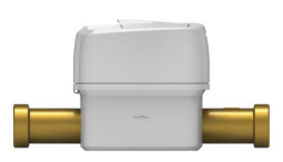 This image shows a residential water meter with a white rectangular housing/enclosure. The meter has brass/gold-colored pipe fittings extending from both sides for connection to the water supply line. The meter appears to be designed for inline installation in a plumbing system to measure water consumption.