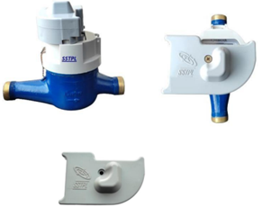 LoRa-BLOG-Smart Meters India-Part 2The image shows three water meter devices. Top left: A blue and white cylindrical water meter with "ASTER" brand name visible on top and brass/gold-colored inlet and outlet connections. Top right: A white plastic water meter housing or cover with a blue pipe connection visible. Bottom: A white plastic protective cover or housing component for a water meter, shown from a different angle, with a circular opening or connection point visible. These appear to be different components or variations of residential/commercial water metering equipment.