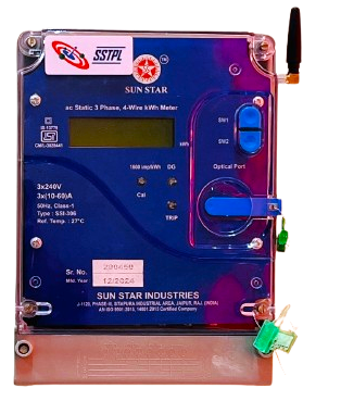 A Sun Star Industries smart electric meter with a transparent purple casing showing the internal digital display and circuitry. The meter features a digital LCD screen, control buttons, an optical port, and what appears to be a wireless antenna. This IoT-enabled smart meter is designed for remote monitoring and automated billing as part of India's utility modernization efforts.