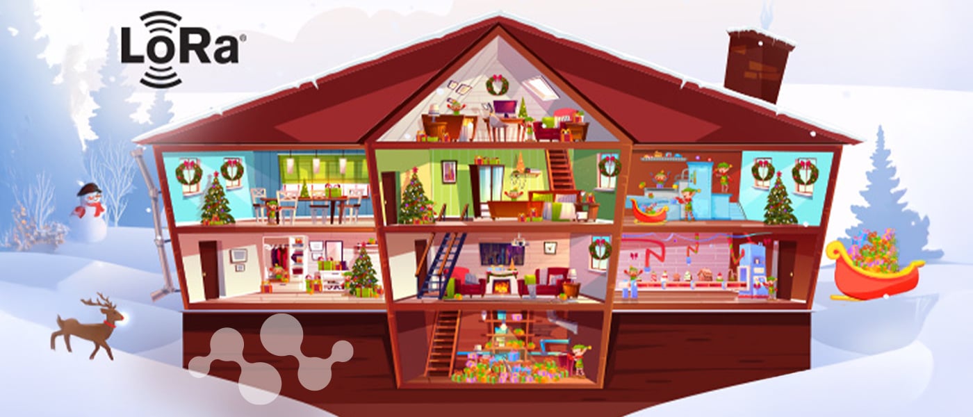 Header image for Semtech Blog-   A festive, colorful illustration of a cross-section of a house decorated for Christmas, featuring several rooms with Christmas trees, wreaths, and holiday decorations. Elves are working in the kitchen and other parts of the house, preparing for the holiday season. Outside, there is a snowy winter scene with a reindeer, a snowman, and Santa's sleigh filled with gifts. The "LoRa" logo appears in the top-left corner, suggesting a connection to LoRa technology.