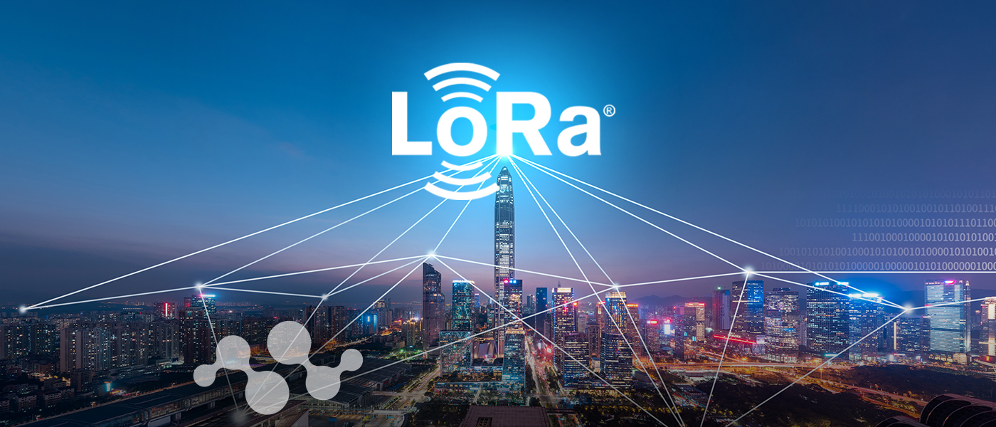 LoRa smart city connectivity visualization showing illuminated urban skyline with network connection lines and IoT nodes overlaying the cityscape, demonstrating LoRa's role in intelligent Internet of Things infrastructure