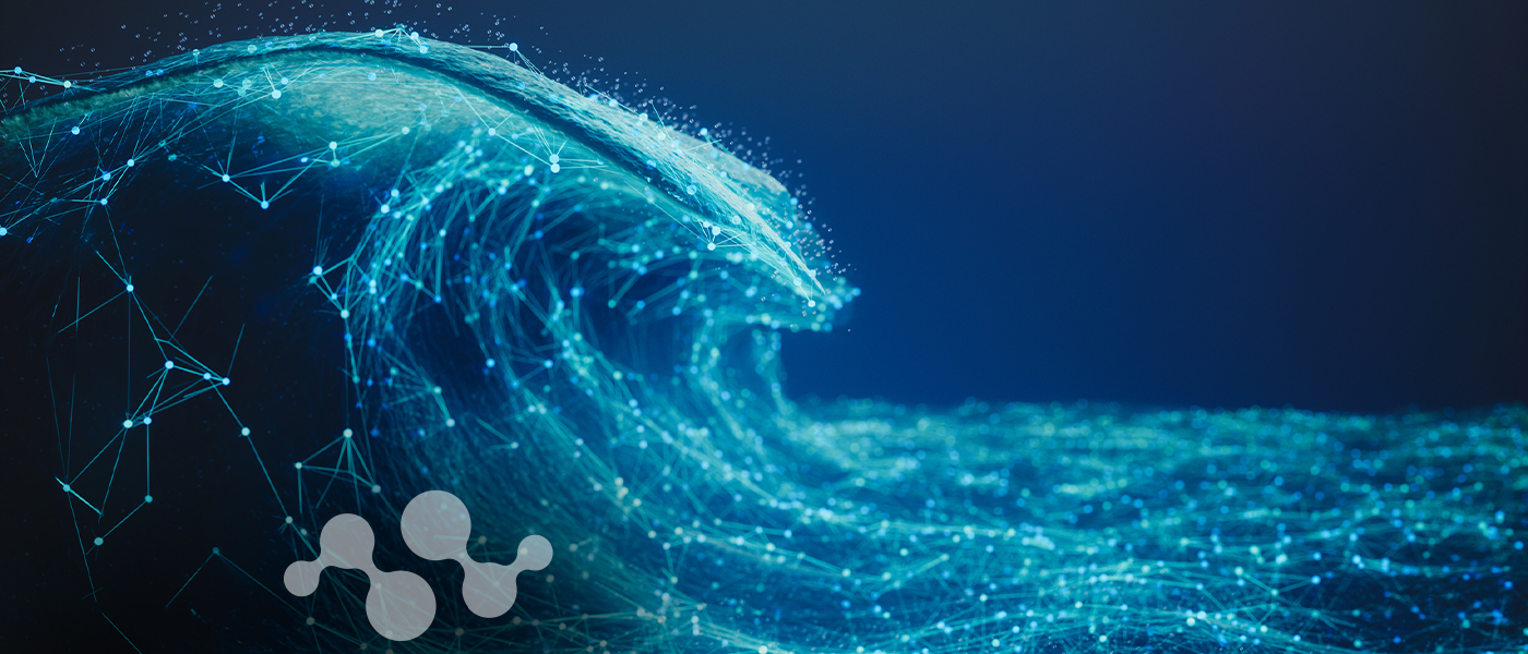 Digital water wave with LoRaWAN® network connectivity visualization showing IoT mesh network for smart water management.