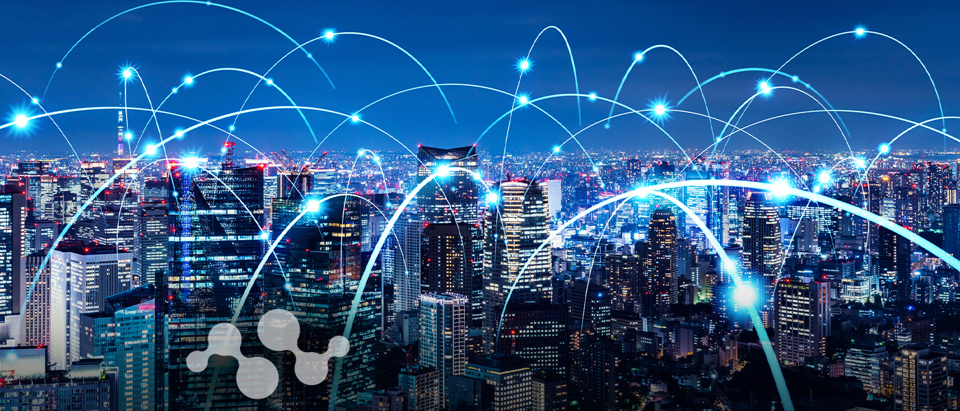 Digital network connections overlaying illuminated city skyline representing Semtech's 2000s expansion into telecommunications and urban commercial markets