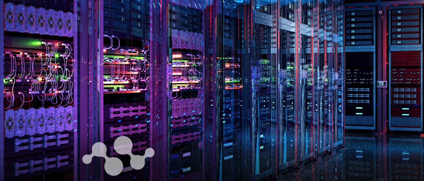 Neon-lit data center with modern server racks, glowing cables, and high-tech equipment reflected in a glossy floor. The Semtech icon is prominently displayed on the left, blending with the futuristic theme of the image.